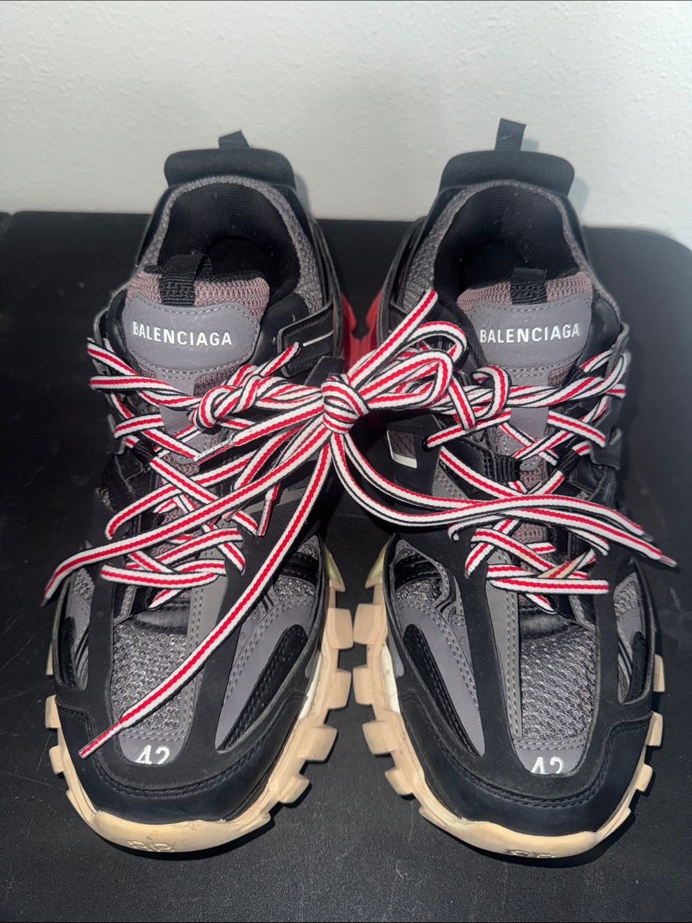 Balenciaga Black & Gray Track Sneakers with Red-White Laces
